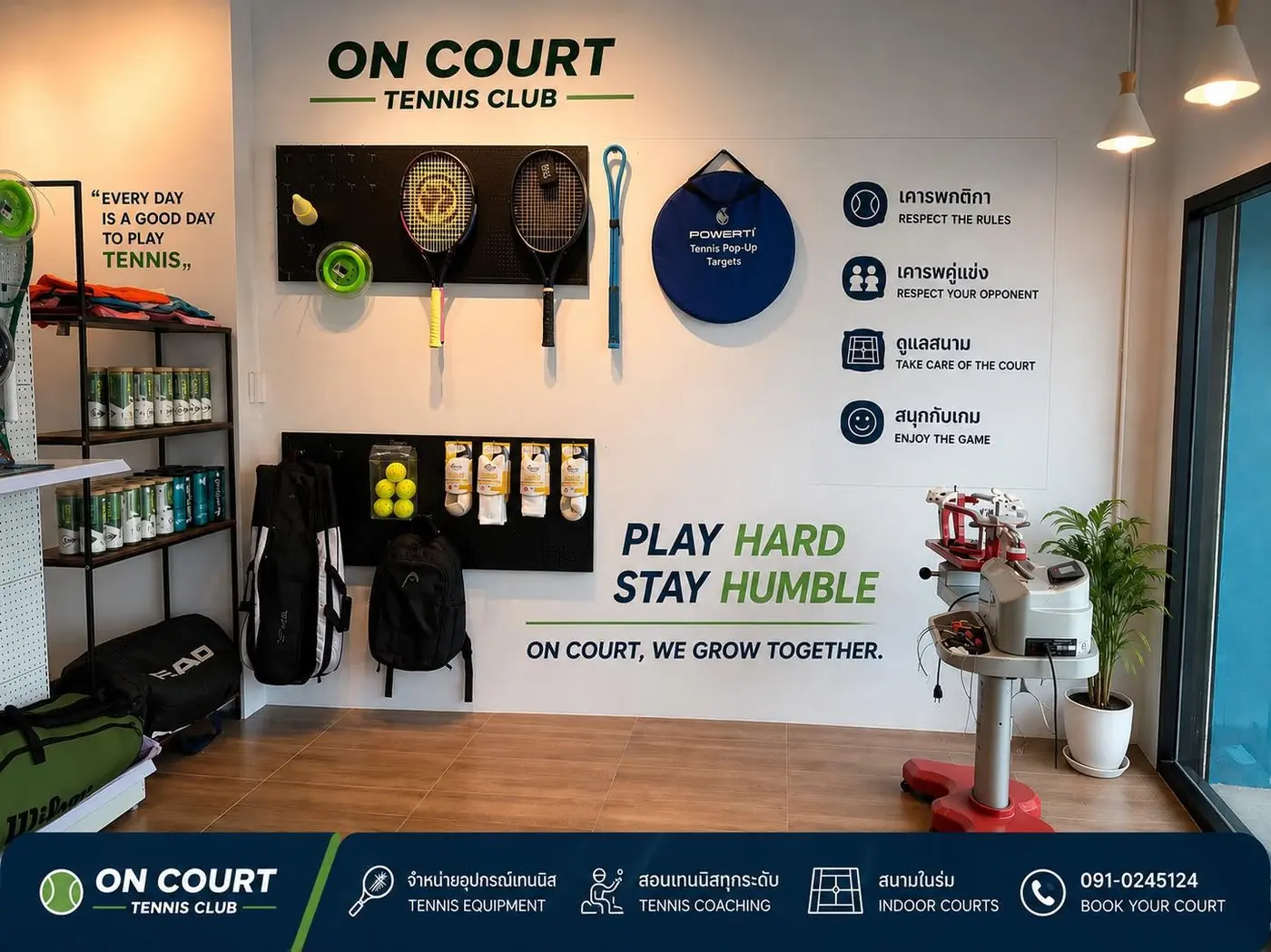 มุม Pro Shop ของ On Court มีไม้เทนนิส ลูก และเครื่องขึ้นเอ็น